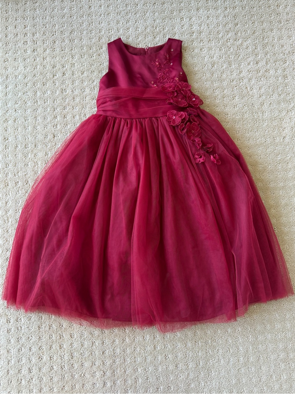 Elegant Girls' Deep Red Floral Applique Tulle Party Dress, See Size Measurements